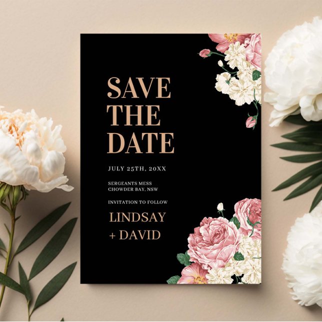 Invitación Rosas peones en floral negra salvan la fecha (Subido por el creador)