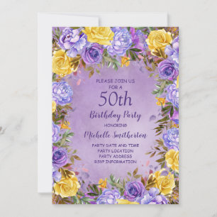 Invitación Rosas Peonías Elegantes Purpura Amarillo Cumpleaño