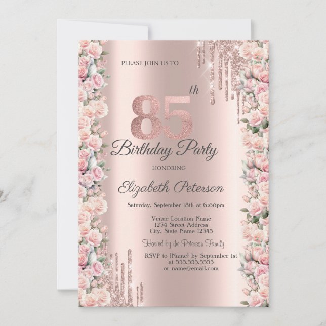 Invitación Rosas Perforaciones de Marco Rosa Oro 85 cumpleaño (Anverso)