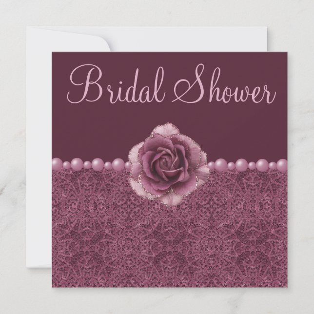 Invitación Rosas, perlas y cordón nupciales púrpuras de la (Anverso)