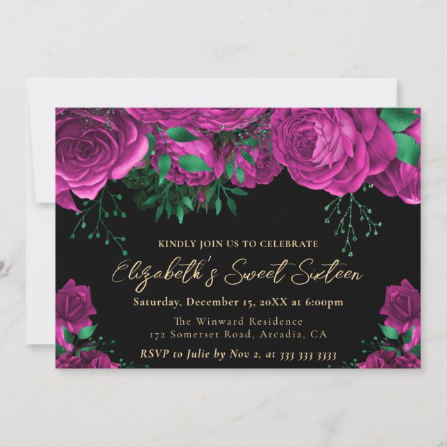 Invitación Rosas Pink de Acuarela Cumpleaños Dieciséis (Anverso)