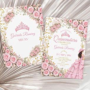 Invitación Rosas Pink Occidentales Mariposa Dorada Quinceañer