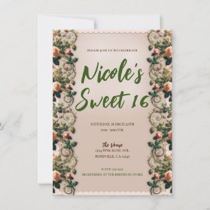 Invitación Rosas Pink Vines Floral Sweet 16 Cumpleaños