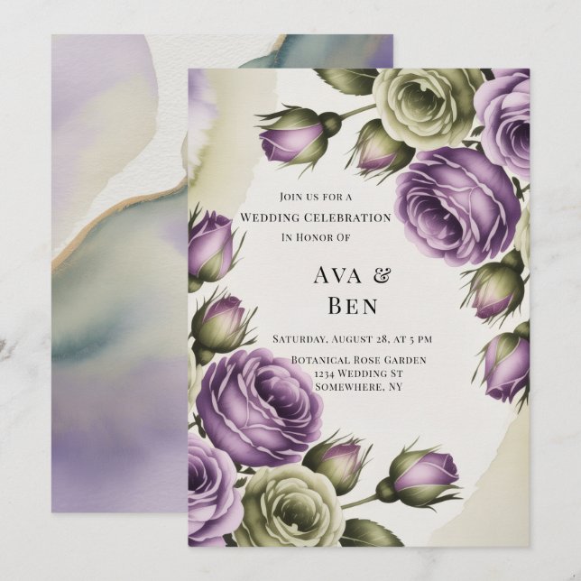 Invitación Rosas pintadas de púrpura y verde salvia Boda (Anverso / Reverso)