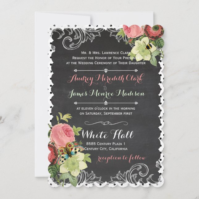 Invitación Rosas PixDezines de pizarra/rococó/vintage (Reverso)