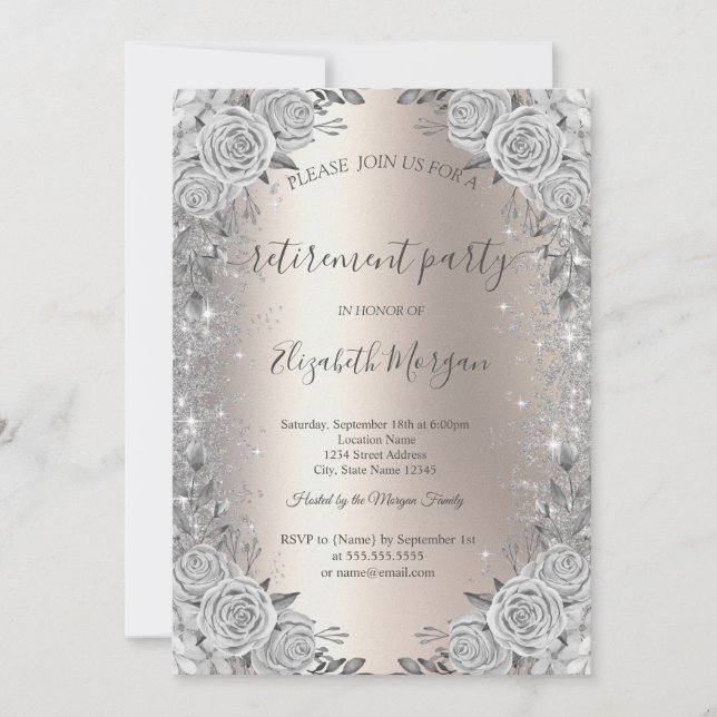 Invitación Rosas Plata Diamantes de Marfil Jubilación (Anverso)