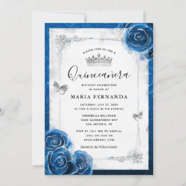 Invitación Rosas Plata y Azul Real Elegante Quinceanera