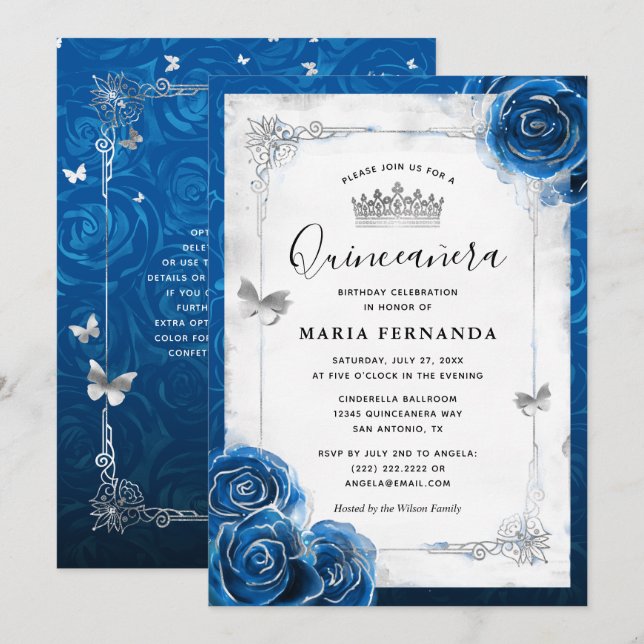 Invitación Rosas Plata y Azul Real Elegante Quinceanera (Anverso / Reverso)