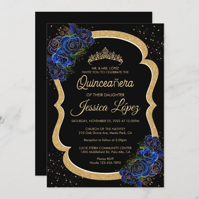 Invitación Rosas Plata y Azul Real Elegante Quinceanera (Anverso / Reverso)