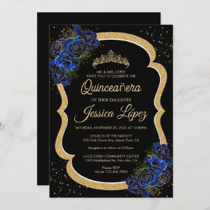 Invitación Rosas Plata y Azul Real Elegante Quinceanera