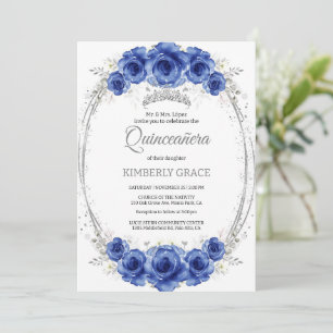 Invitación Rosas Plata y Azul Real Elegante Quinceanera