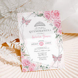 Invitación Rosas Plateadas Mariposa Quinceañera Cumpleaños