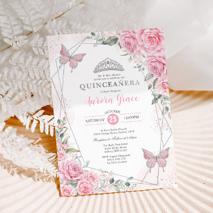 Invitación Rosas Plateadas Mariposa Quinceañera Cumpleaños