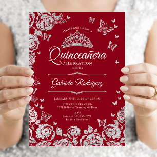 Invitación Rosas plateadas rojas Mariposas Quinceañera