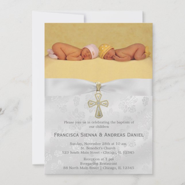 Invitación Rosas plateados de bautismo con foto (Anverso)