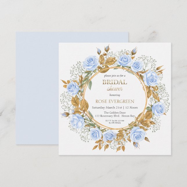 Invitación Rosas polvorientas azules elegantes y aliento de b (Anverso / Reverso)