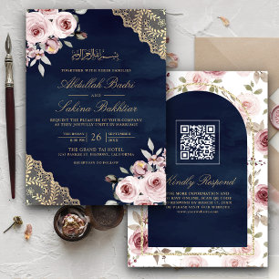 Invitación Rosas Polvorientas Encaje Dorado Código QR Boda Mu