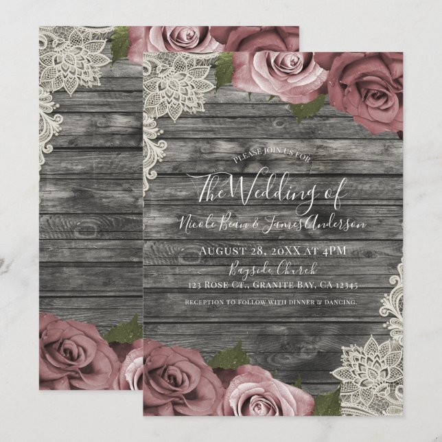 Invitación Rosas Polvorientas Rosa Gris Madera Rústica Boda d (Anverso / Reverso)