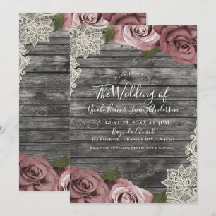 Invitación Rosas Polvorientas Rosa Madera Rústica Gris Encaje