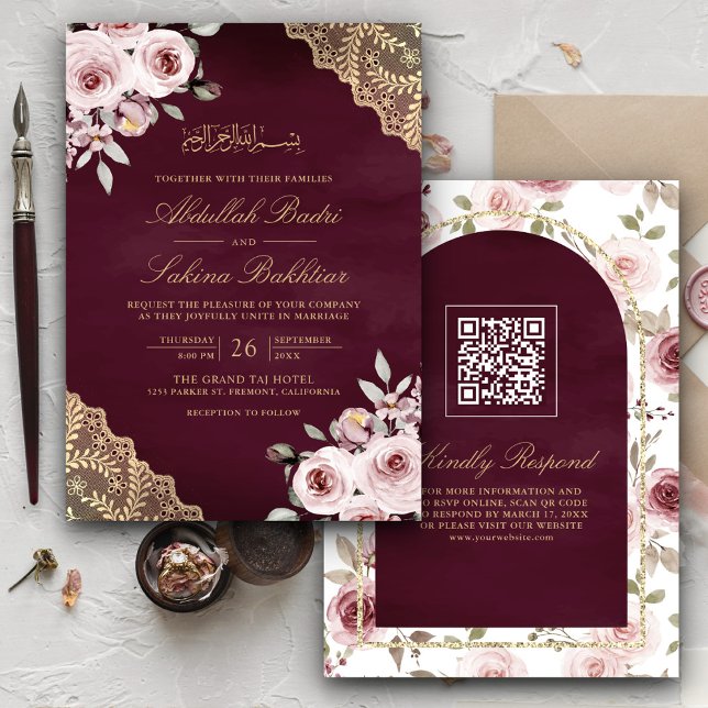 Invitación Rosas polvorientos oro encaje QR código Plum Boda  (Subido por el creador)