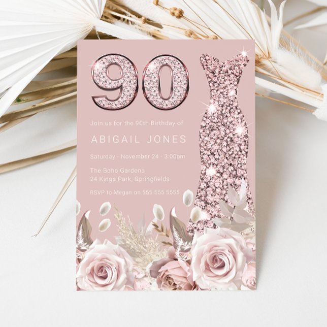 Invitación Rosas polvorientos Rubor Gown Elegant 90 cumpleaño (Subido por el creador)