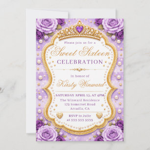 Invitación Rosas Princesa de Oro Púrpura Elegantes Sweet 16