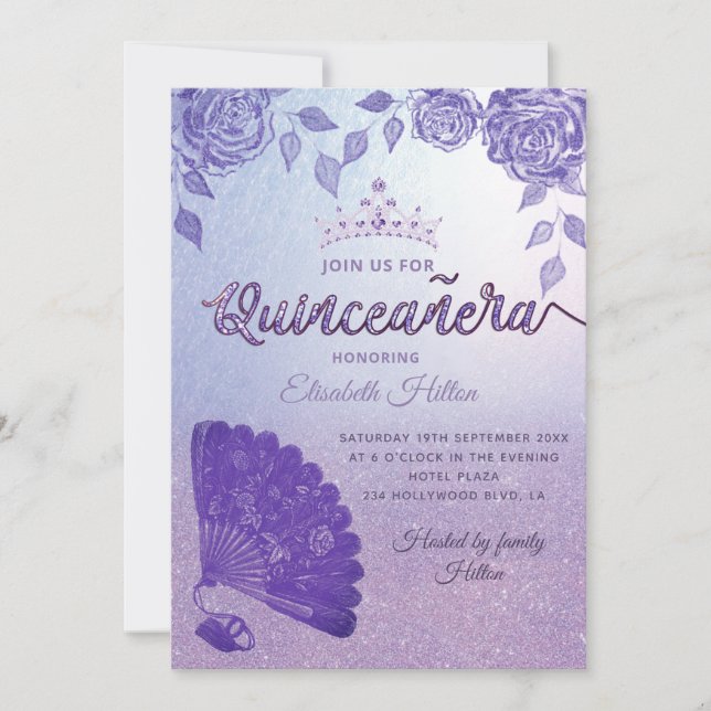 Invitación Rosas Purple Lilac fan romántico de la mano Quince (Anverso)