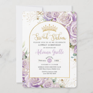 Invitación Rosas Purple Lilac Floral Gold Sweet 16 Cumpleaños