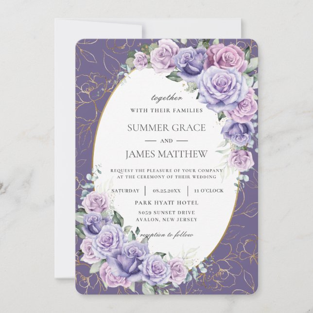 Invitación Rosas Purple Lilac Lavender Boda Floral Gold (Anverso)