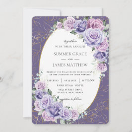 Invitación Rosas Purple Lilac Lavender Boda Floral Gold