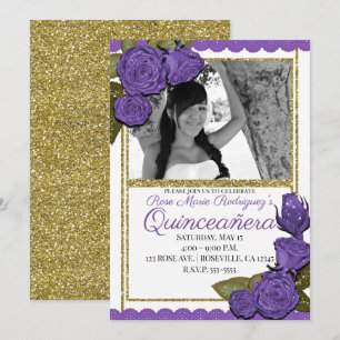 Invitación Rosas Purpura Brillo Dorado Cumpleaños Quinceañera
