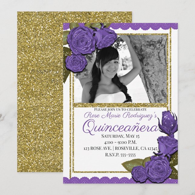 Invitación Rosas Purpura Brillo Dorado Cumpleaños Quinceañera (Anverso / Reverso)