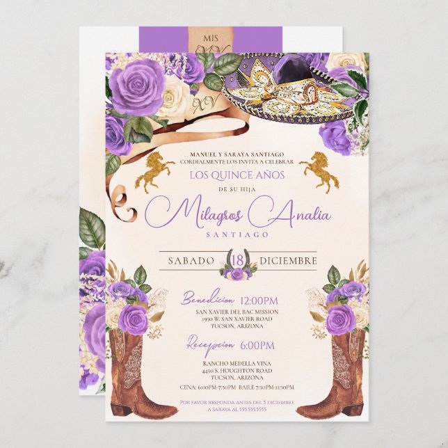Invitación Rosas púrpura claro Charro Quinceañera Occidental (Anverso / Reverso)