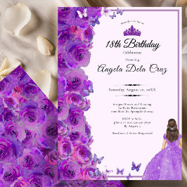 Invitación Rosas púrpura cumpleaños 18 y debut de vestido