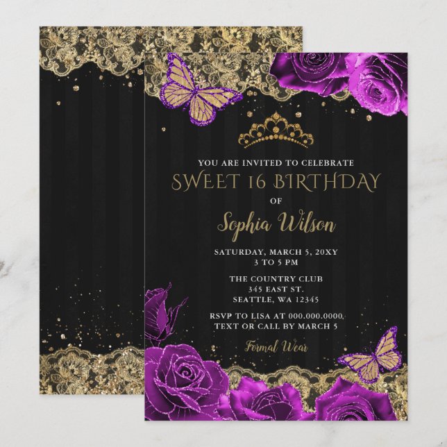 Invitación Rosas púrpura de época dorado negro dulce 16 (Anverso / Reverso)