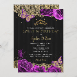 Invitación Rosas púrpura de época dorado negro dulce 16