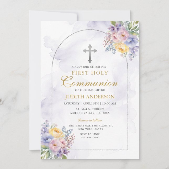 Invitación Rosas púrpura de Frame Primero Comunión Santa (Anverso)