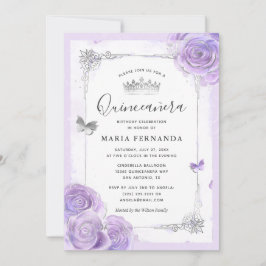Invitación Rosas púrpura de luz plateada Elegante Quinceanera