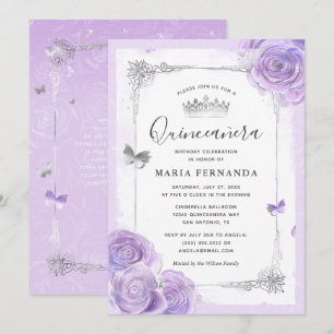 Invitación Rosas púrpura de luz plateada Elegante Quinceanera