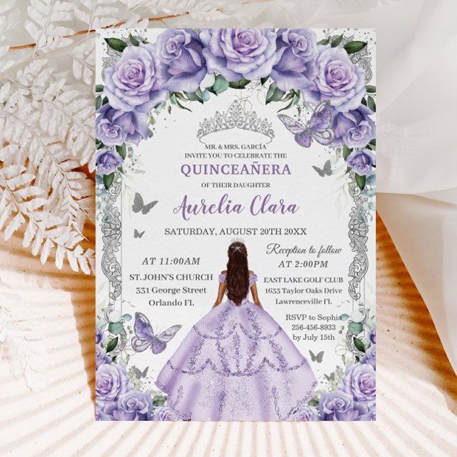 Invitación Rosas púrpura de Quinceañera Princesa de Plata Flo (Subido por el creador)