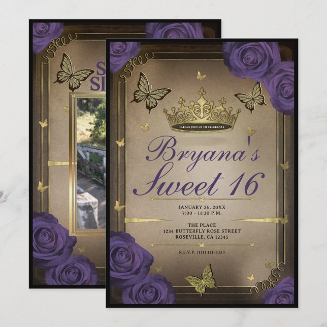 Invitación Rosas púrpura dulces mariposas Tiara de oro 16 fot (Anverso / Reverso)