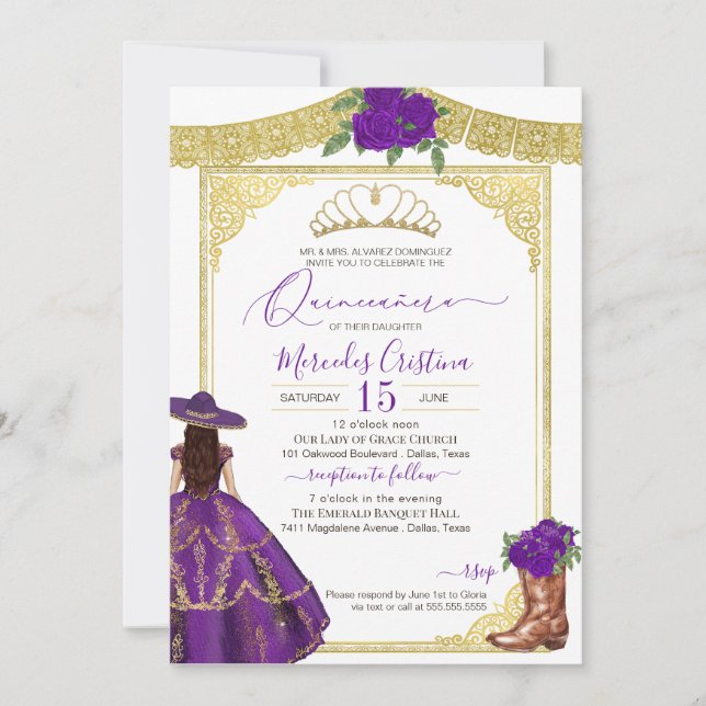 Invitación Rosas Púrpura Elegante Charro Occidental Quinceane (Anverso)