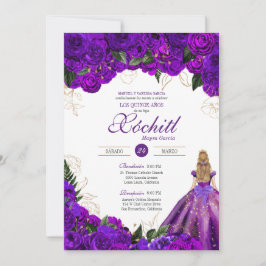 Invitación Rosas púrpura elegante floral 15 cumpleaños quince