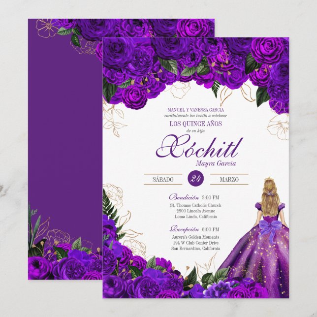 Invitación Rosas púrpura elegante floral 15 cumpleaños quince (Anverso / Reverso)
