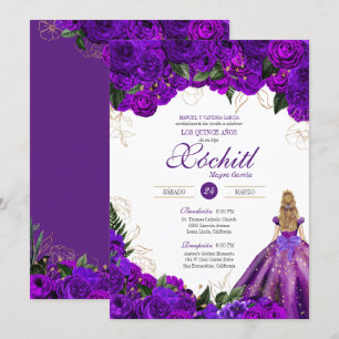 Invitación Rosas púrpura elegante floral 15 cumpleaños quince