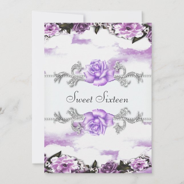 Invitación Rosas Purpura Fiesta Dulces Dieciseis Cumpleaños (Anverso)
