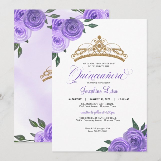 Invitación Rosas Púrpura Golden Tiara Quinceañera Birthday In (Anverso / Reverso)