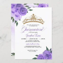 Invitación Rosas Púrpura Golden Tiara Quinceañera Birthday In