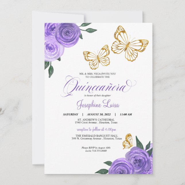 Invitación Rosas púrpura Mariposa Dorada Quinceañera Cumpleañ (Anverso)