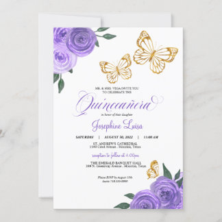 Invitación Rosas púrpura Mariposa Dorada Quinceañera Cumpleañ